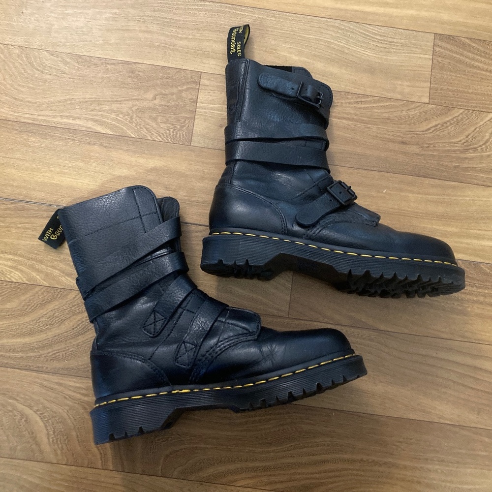 Dr. Martens Black Leather Combat Boots with Yellow Stitching